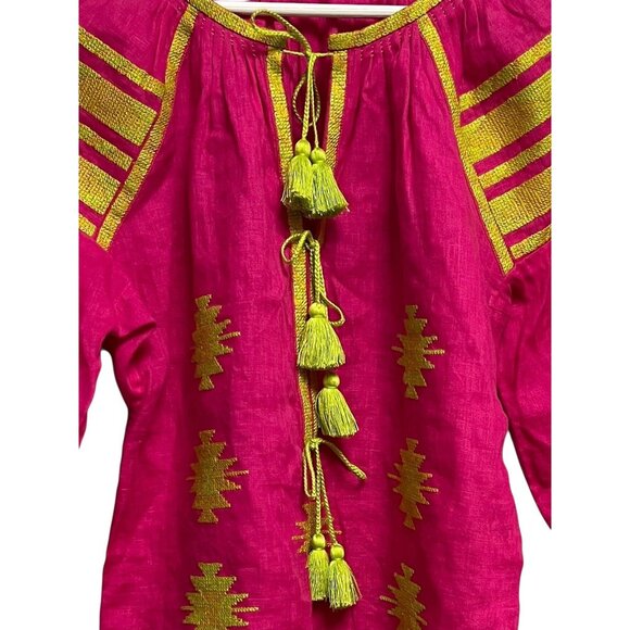 Harna‎ Blouse Womens XS-S Pink Yellow Embroidered Linen Ukraine Boho Tassel Top - Picture 8 of 13